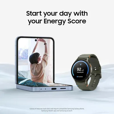 Communicates the product's ability to track and display a daily Energy Score metric, positioning the smartwatch as a wellness companion that helps users start their day with personalized health…