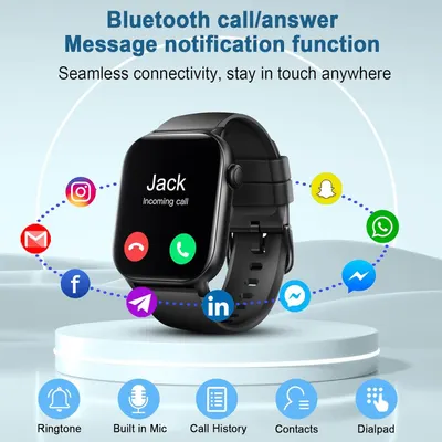 Highlights the smartwatch's Bluetooth calling and message notification capabilities, reassuring shoppers they can stay connected to multiple apps and contacts without needing their phone.