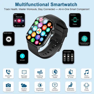 Showcases the smartwatch's extensive multifunctionality by displaying numerous features in a visually segmented layout, demonstrating the device's versatility as an all-in-one smart companion for…