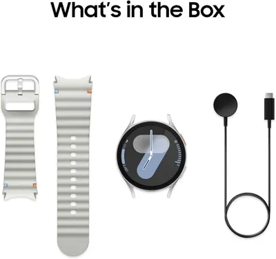 Shows the customer everything included in the purchase: the smartwatch, replacement band, and charging cable, providing clarity on what they will receive.