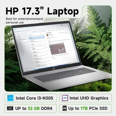 This image showcases multiple key technical specifications and features of the HP laptop in a segmented layout, helping shoppers quickly understand the processor, graphics, memory, storage capacity,…