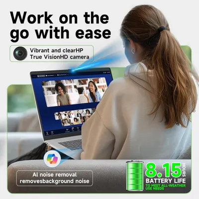 Communicates multiple key benefits of the laptop for remote work: high-quality video camera, AI noise removal for clear audio, and extended battery life for all-day productivity.