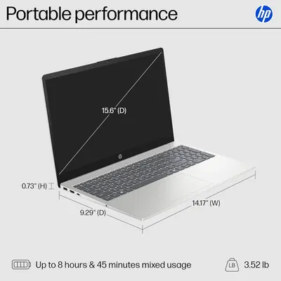 Communicates the exact physical dimensions of the laptop (height, width, depth, screen diagonal) and weight to help shoppers understand its portability and size before purchase. Highlights the…