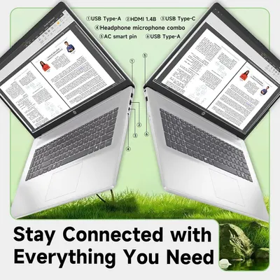 This image identifies and labels the specific ports and connectivity options available on the laptop, helping shoppers understand what devices and peripherals they can connect. Communicates the…