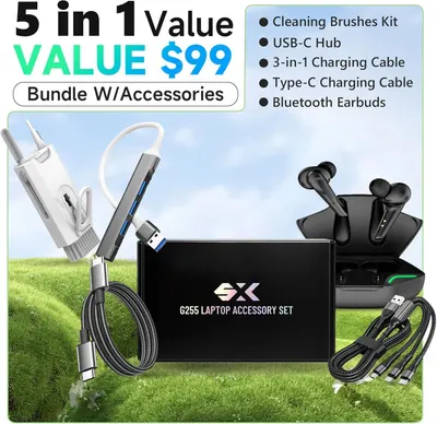 Shows all the accessories and items included in the laptop accessory bundle to communicate the complete value package the customer receives. Highlights the bundle's value proposition by emphasizing…