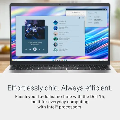 This image communicates Dell's brand identity and product positioning, emphasizing the Dell 15 laptop as a stylish and efficient everyday computing solution powered by Intel processors.