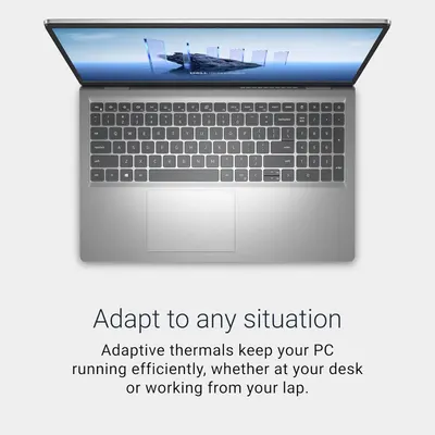 Communicates that the laptop's adaptive thermal system efficiently manages heat in different usage scenarios, reassuring shoppers about performance and comfort whether used at a desk or on the lap.