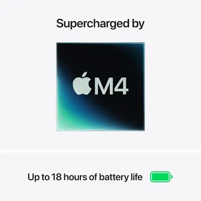 Communicates the product's exceptional battery life (18 hours) powered by the Apple M4 chip, reassuring shoppers of long-lasting performance and efficiency.