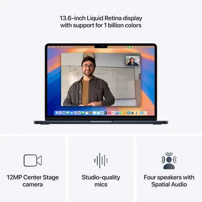 Showcases multiple distinct technical features of the laptop in a segmented layout to communicate the product's comprehensive multimedia and communication capabilities.