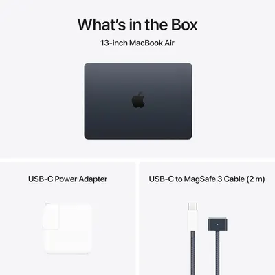 Shows the customer everything included with their MacBook Air purchase (laptop, power adapter, and charging cable) to set clear expectations and demonstrate value.