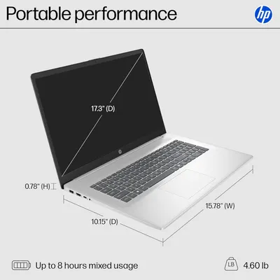 Communicates the exact physical dimensions of the HP laptop (17.3" screen diagonal, 15.78" width, 10.15" depth, 0.78" height, 4.60 lb weight) to help shoppers understand the product's size and…