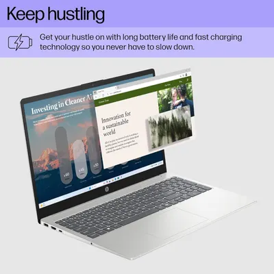Communicates that the laptop offers long battery life and fast charging technology to support productivity and minimize downtime for busy users.