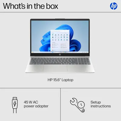 Shows the customer exactly what they will receive when purchasing this HP laptop: the laptop itself, a 45W AC power adapter, and setup instructions.