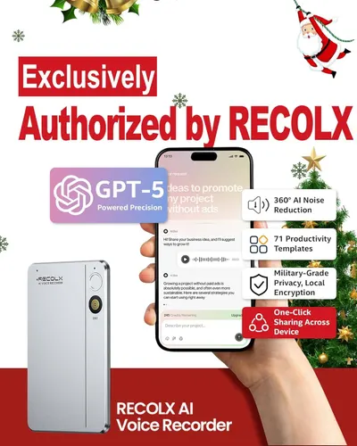 Showcases multiple distinct features and benefits of the RECOLX AI Voice Recorder in a segmented layout, highlighting its advanced AI capabilities, noise reduction, productivity tools, security…