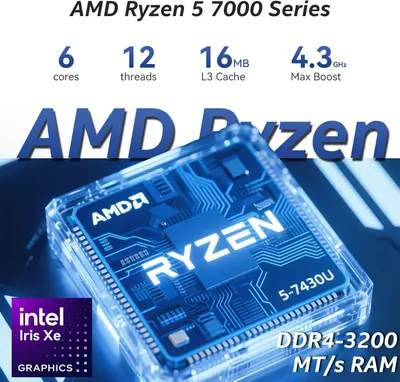 Communicates the technical specifications and performance capabilities of the AMD Ryzen 5 7430U processor to inform shoppers about its multi-core processing power, speed, cache, and integrated…