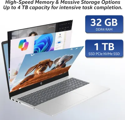 Communicates the laptop's powerful technical specifications—high-capacity RAM and storage—to reassure shoppers that it can handle intensive multitasking and large file storage needs.