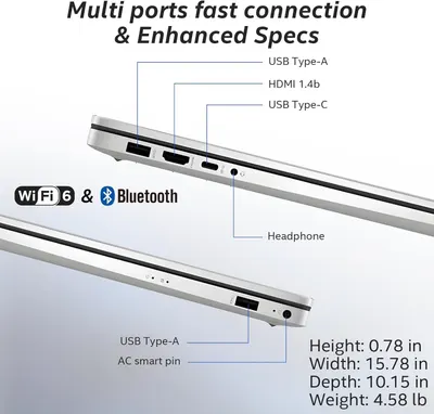 This image breaks down the physical ports and connectivity features of the laptop, showing shoppers exactly what connection options are available and where they are located on the device. Provides…