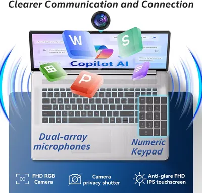 Showcases multiple distinct hardware features and capabilities of the laptop to demonstrate its comprehensive functionality for communication, productivity, and privacy.