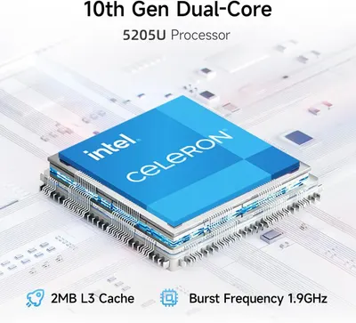 Communicates the technical specifications and performance capabilities of the Intel Celeron processor to inform shoppers about the computing power and speed.
