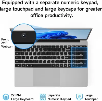 Communicates multiple productivity-enhancing features of the laptop including the numeric keypad, large touchpad, large keycaps, and webcam to appeal to office users seeking efficiency and…