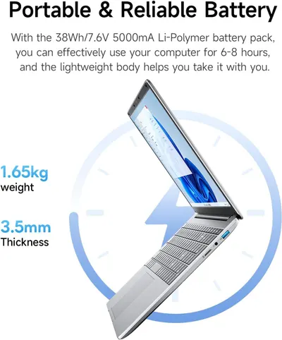 Communicates multiple key benefits of the laptop including long battery life (6-8 hours), portability (1.65kg weight), and slim design (3.5mm thickness) to appeal to mobile users and travelers.