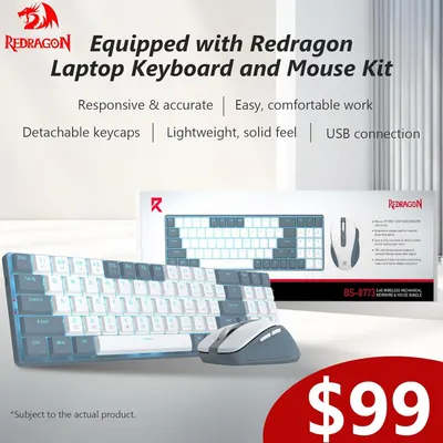 Communicates multiple distinct benefits of the keyboard and mouse kit in a segmented text layout to help shoppers understand the product's key features and value proposition. Shows the complete kit…