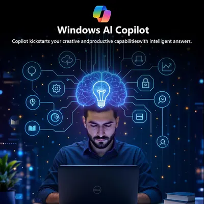 Communicates the comprehensive AI capabilities of Windows Copilot by showing multiple distinct functions (cloud, security, analytics, time management, etc.) through a visually segmented icon layout,…