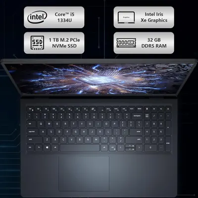 Communicates the laptop's key technical specifications across four distinct callout panels to help shoppers quickly understand the device's processing power, graphics capability, storage capacity,…
