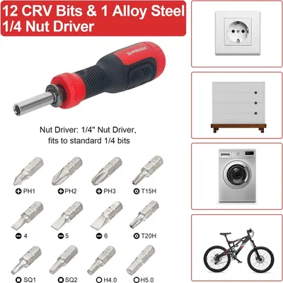 Demonstrates the versatility of the nut driver tool by showing it can be used in multiple household scenarios including electrical outlets, furniture assembly, appliances, and bicycle maintenance.…