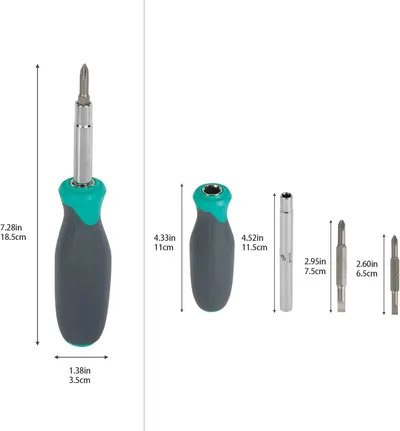 Communicates the exact physical dimensions of the screwdriver and its components to help shoppers understand the size and portability of the tool.