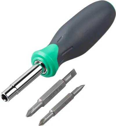 Shows the customer everything included in the purchase: the screwdriver handle with magnetic bit holder and two interchangeable screwdriver bits, demonstrating the complete kit contents.