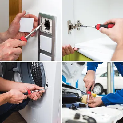 Demonstrates the product's versatility by showing it being used in multiple different scenarios—electrical work, cabinet installation, appliance repair, and automotive maintenance—to reassure…