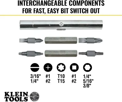 Shows all the interchangeable components included with the tool, demonstrating the variety of bit types and sizes available for fast, easy switching.