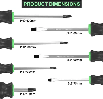 Shows the exact physical dimensions and specifications of each screwdriver variant in the set, helping shoppers understand the size and type of each tool included. Displays all the different…