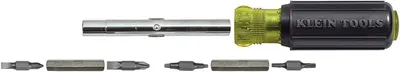 Shows the customer all the components included with the screwdriver tool, including the handle, extension shaft, and multiple interchangeable bits.
