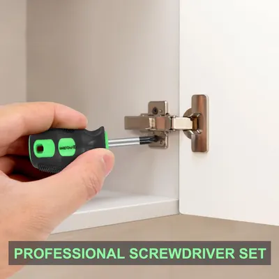 Demonstrates a practical use case for the screwdriver set by showing it being used to install or adjust a cabinet hinge, helping shoppers visualize how the tool works in real-world applications.…