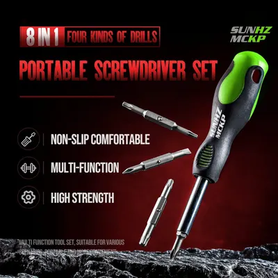 Communicates multiple key benefits of the screwdriver set through a segmented layout with icons and text, highlighting its ergonomic grip, versatility, and durability to reassure shoppers of its…