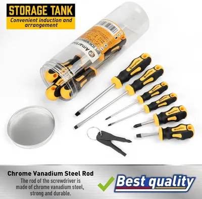 Shows the customer everything included in the purchase: multiple screwdrivers with ergonomic handles, a storage tank with convenient organization, and bonus accessories, demonstrating the complete…