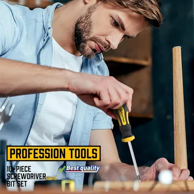 Demonstrates the product in a real-world woodworking context to help shoppers visualize themselves using the screwdriver set for DIY or professional projects.