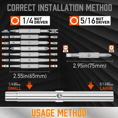 Instructs shoppers on the proper installation method for different nut driver sizes, showing which bits to use with each driver type and their correct dimensions. Demonstrates the product's…