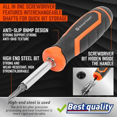 This image breaks down the screwdriver's key physical components and design features, using callouts and arrows to highlight the anti-slip handle texture, high-end steel bit quality, and hidden bit…