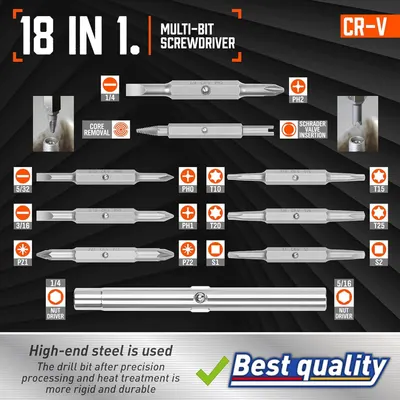 Shows all the different screwdriver bits and tools included in this 18-in-1 multi-bit screwdriver kit, helping shoppers understand the complete set they will receive and the versatility of the tool.