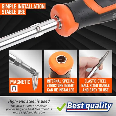Communicates multiple installation and usability benefits of the screwdriver tool, including its magnetic tip, special internal structure, stable ball-fixed design, and high-quality steel…