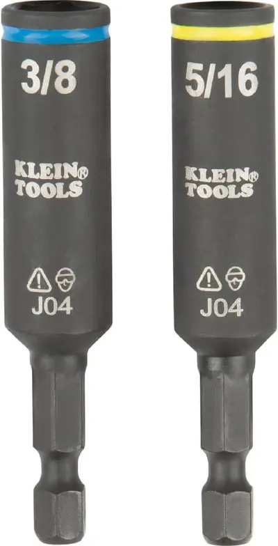 Provides a clean, catalog-style view of the two Klein Tools socket products showing their size markings and branding for easy product identification.