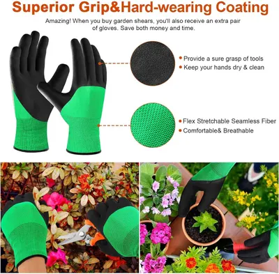 This image breaks down the physical components of the garden gloves, highlighting the hard-wearing coating for grip and the stretchable fiber material for comfort, helping shoppers understand the…