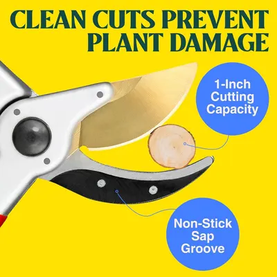 Highlights the physical design features of the pruning shears, showing the cutting capacity and non-stick sap groove to demonstrate how the tool is engineered to prevent plant damage and handle…