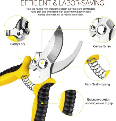 This image breaks down the physical components of the pruning shears to show shoppers the quality construction and thoughtful design features that make the tool efficient and comfortable to use.