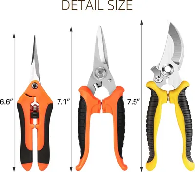 Communicates the exact physical size of three different pruning shears/scissors to help shoppers understand and compare the dimensions of each tool before purchase.