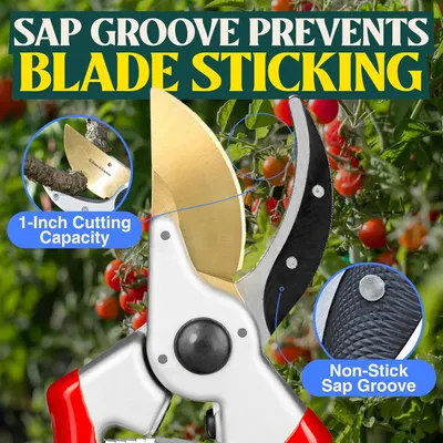 Highlights the physical design features of the pruning shears, specifically the sap groove that prevents blade sticking, the 1-inch cutting capacity, and the non-stick textured surface to reassure…
