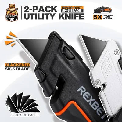 Shows the customer everything included in the purchase: two utility knives (one black, one silver) plus 10 extra replacement blades, emphasizing the value and completeness of the kit.